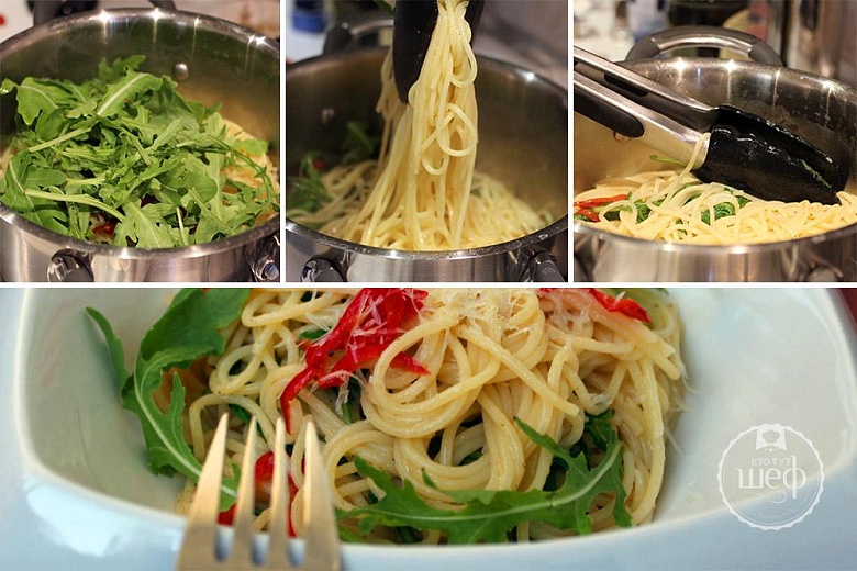 Спагетти с рукколой и чили
